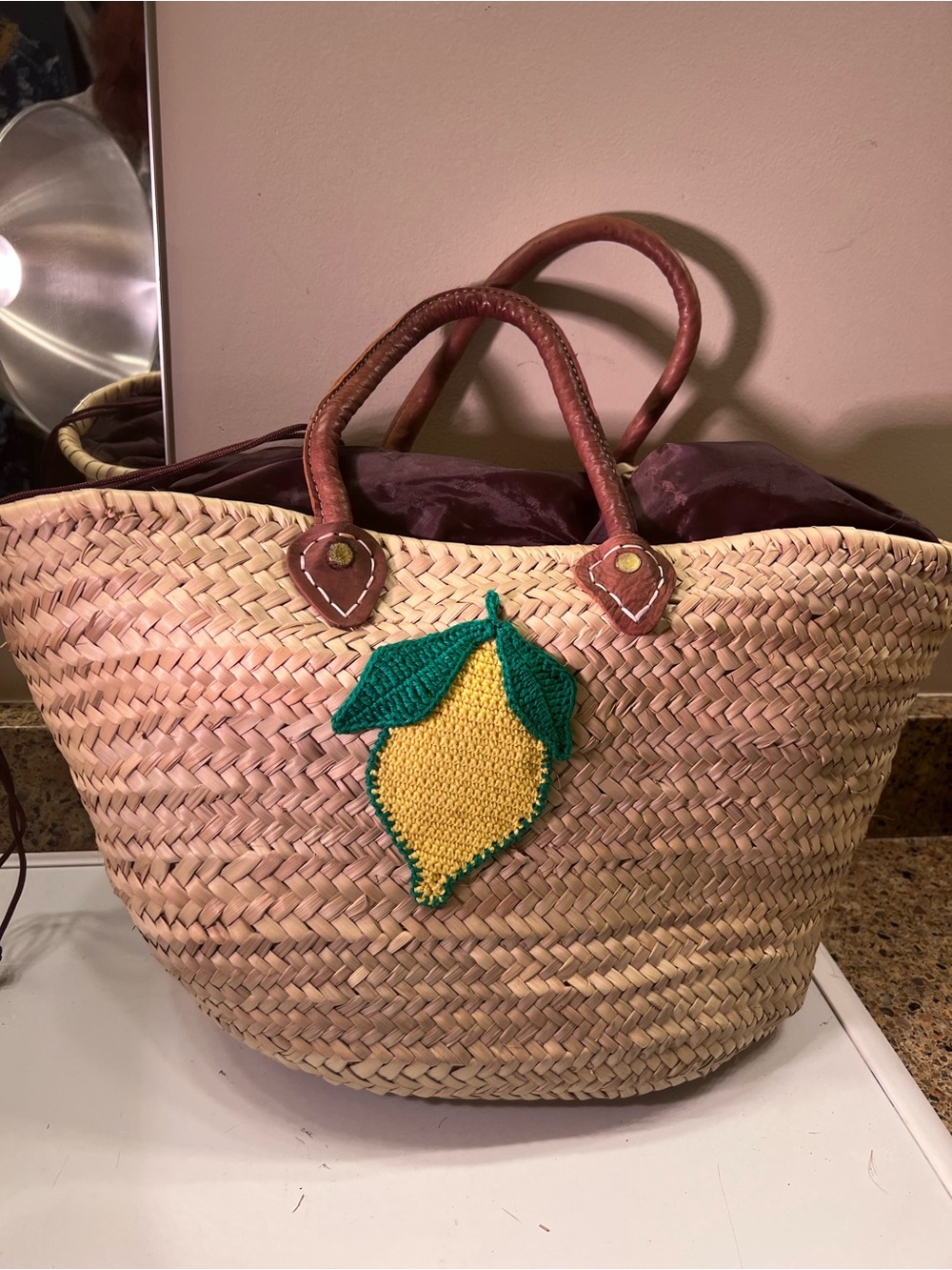 Woven Straw Tote Bag with Embroidered Yellow Lemon Patch & Leather Handles 20x11